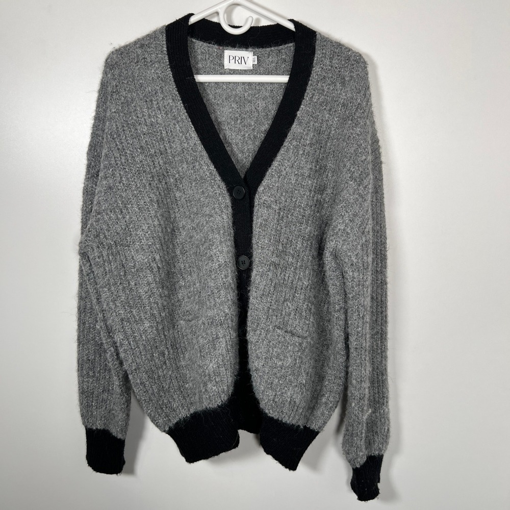 PRIV Pheobe V-Neck Cardigan Cozy Wool Blend Oversized Contrast Trim M/L